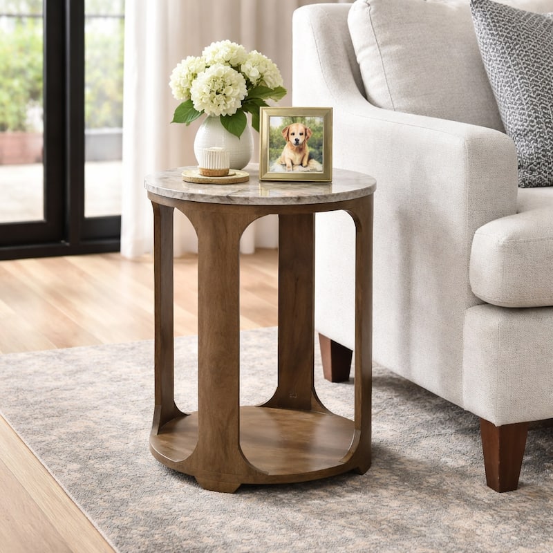 Modern Round Stone Top Accent End Side Table with Wood Base - 22" - 22.25"