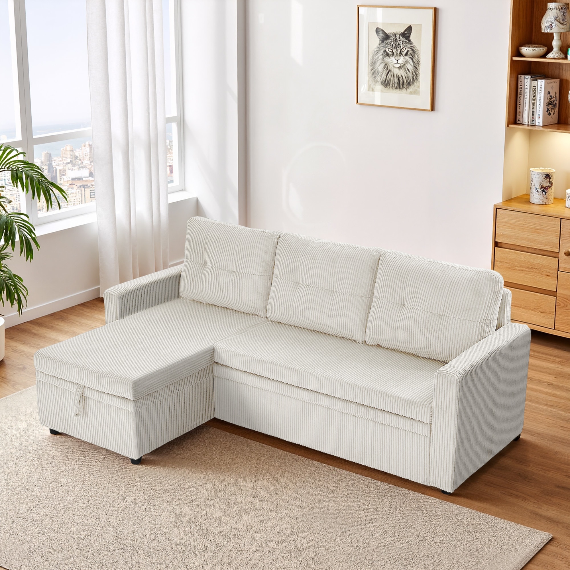 Modern Pull Out Sectional Sofa Bed Couch with Storage Chaise for Living Room