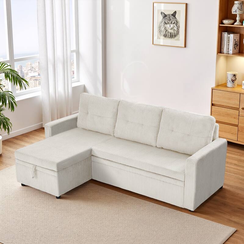 Modern Pull Out Sectional Sofa Bed Couch with Storage Chaise for Living Room - Corduroy/Beige