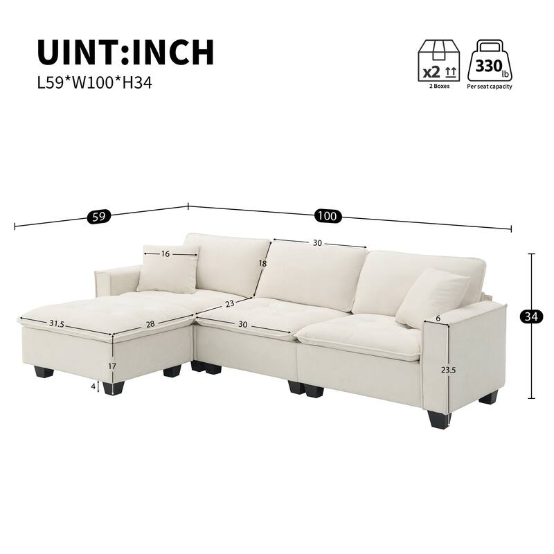 100" L-Shaped Convertible 4-Seat Sofa with Ottoman