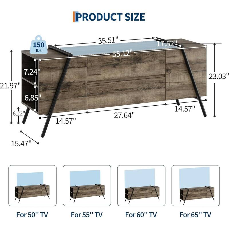TV Stand, with 2 Drawers and U-Shaped Metal Base
