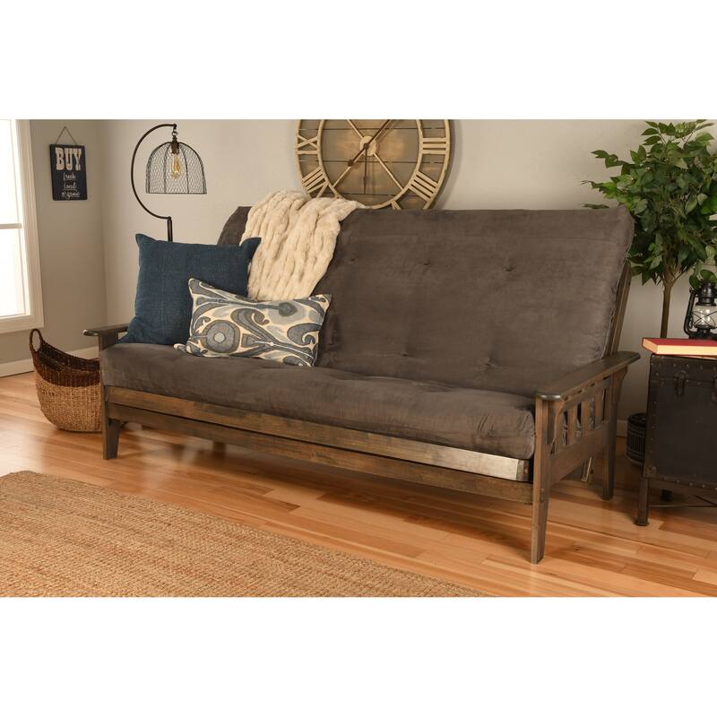 Somette Tucson Queen-size Futon Set in Rustic Walnut Finish with Innerspring Mattress - Suede Grey
