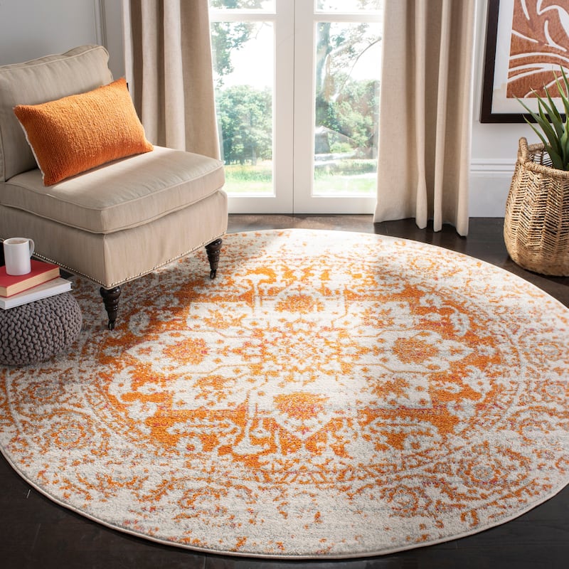 SAFAVIEH Madison Delois Medallion Rustic Farmhouse Distressed Rug - 10' Round - Orange/Ivory