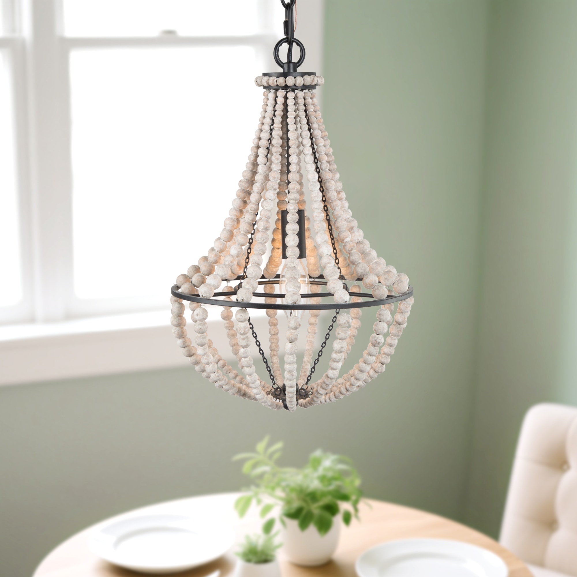 Modern Farmhouse 1-Light Wood Beaded Mini Chandelier Kitchen Island Pendant Light