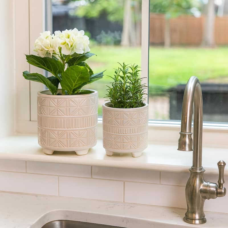 Ceramic Abstract Footed Planters Set of 2 - White, 8/9 in.