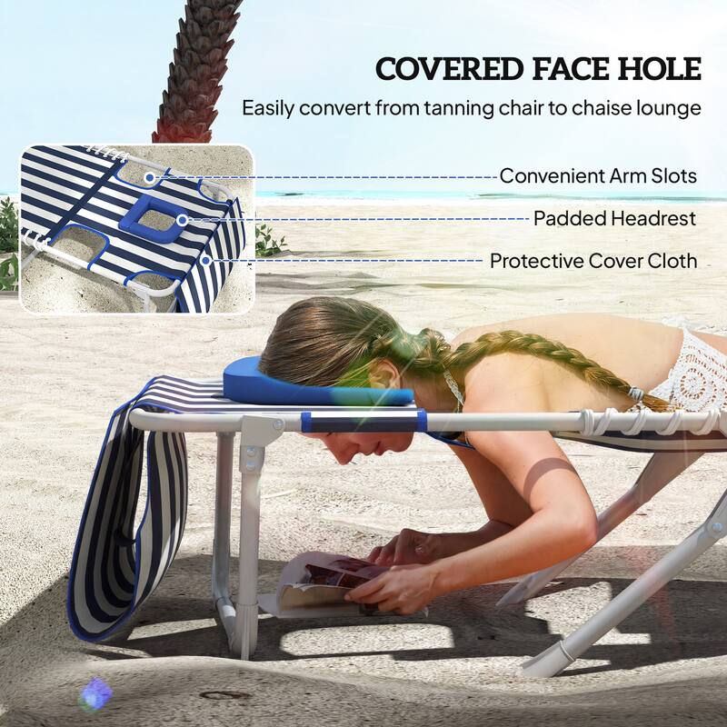 Outsunny Tanning Chair Set of 2 with Face Hole, Side Table, 5-Position Reclining Folding Chaise Lounge Chair