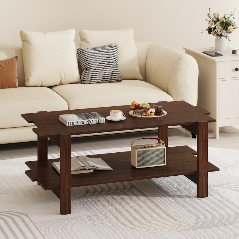 Contemporary Rectangular Coffee Table with Storage Shelf and Wooden Slatted Design for Home or Office - 45" x 23.5" x 18.5"