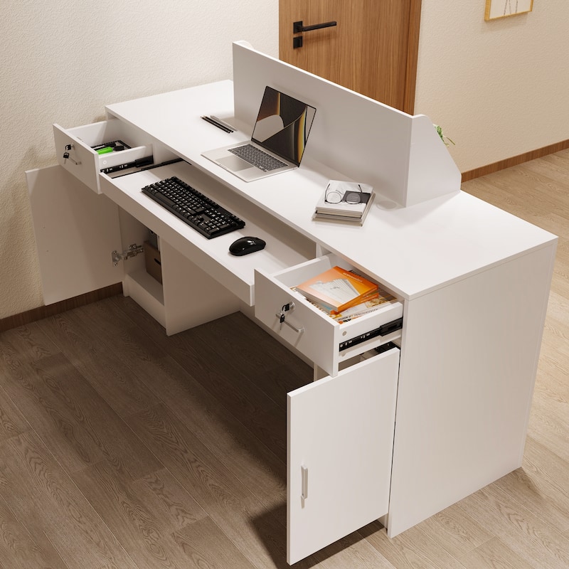 Reception Desk Checkout Counter with LED Display Shelves, Locking Drawer and Storage Cabinets