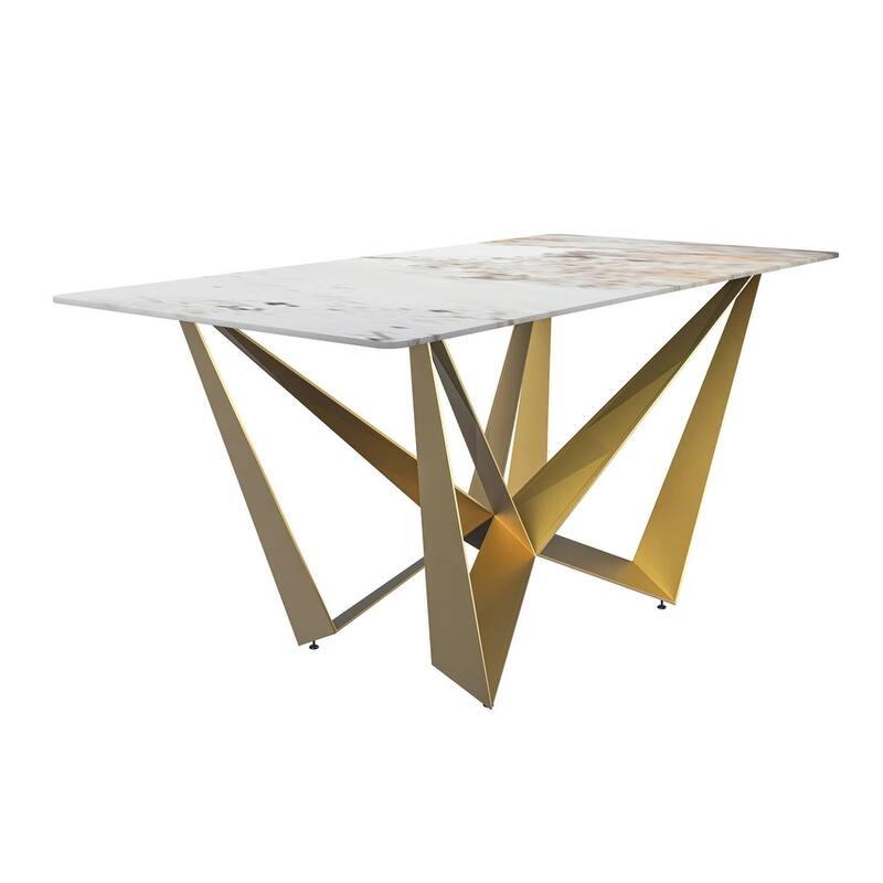 Nuvor Rectangular Sintered Stone or Glass Tabletop Dining Table with Powder-Coated Gold Steel Base for Kitchens & Dining Rooms - 62 Inch - White Grey