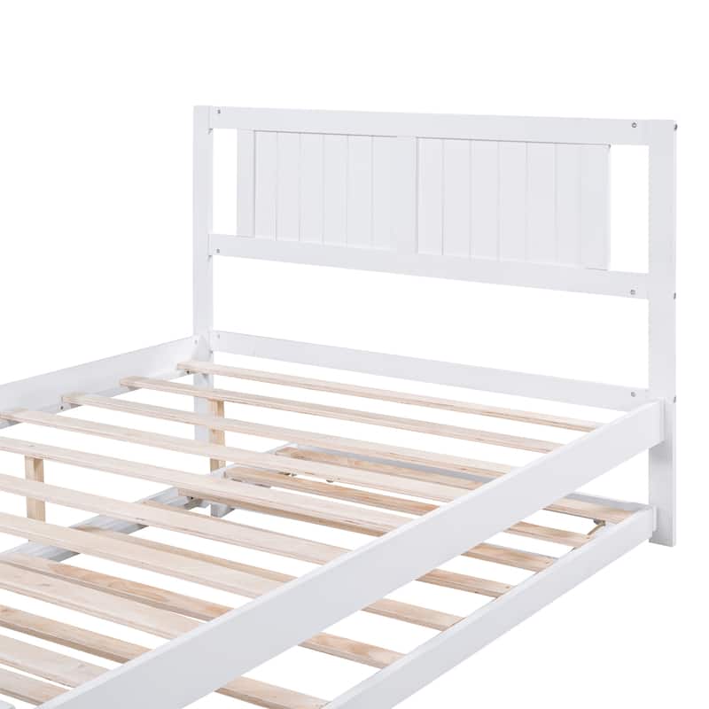 Full Size Platform Bed with Adjustable Trundle, Wooden Bed Frame