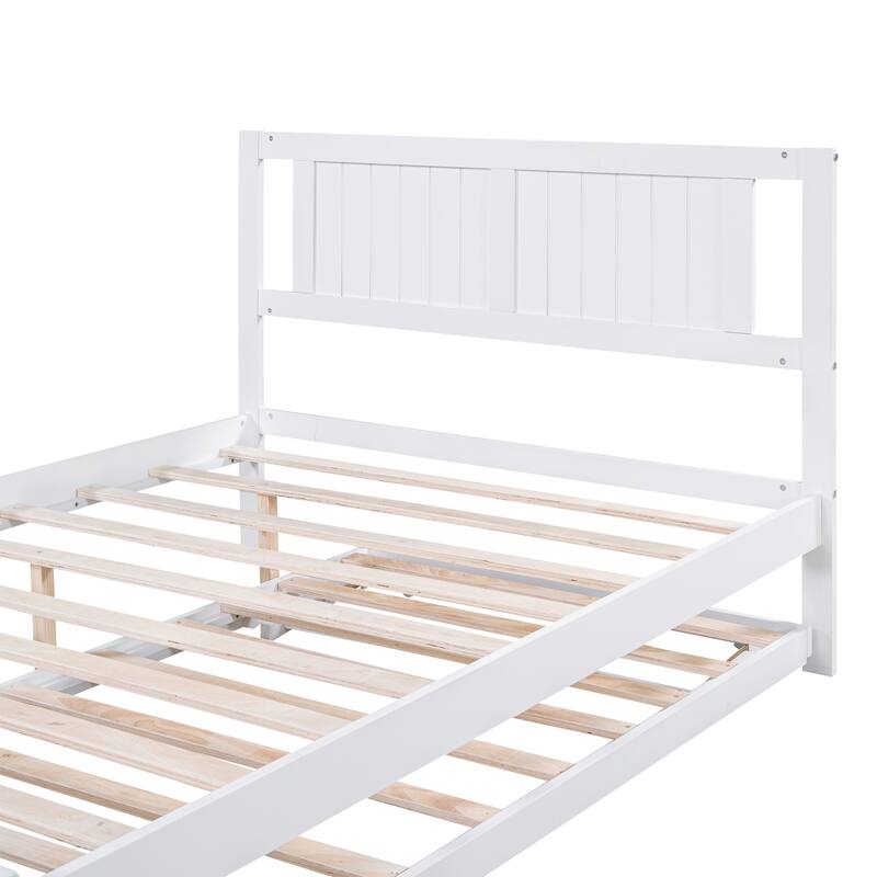 Full Size Platform Bed with Adjustable Trundle in White