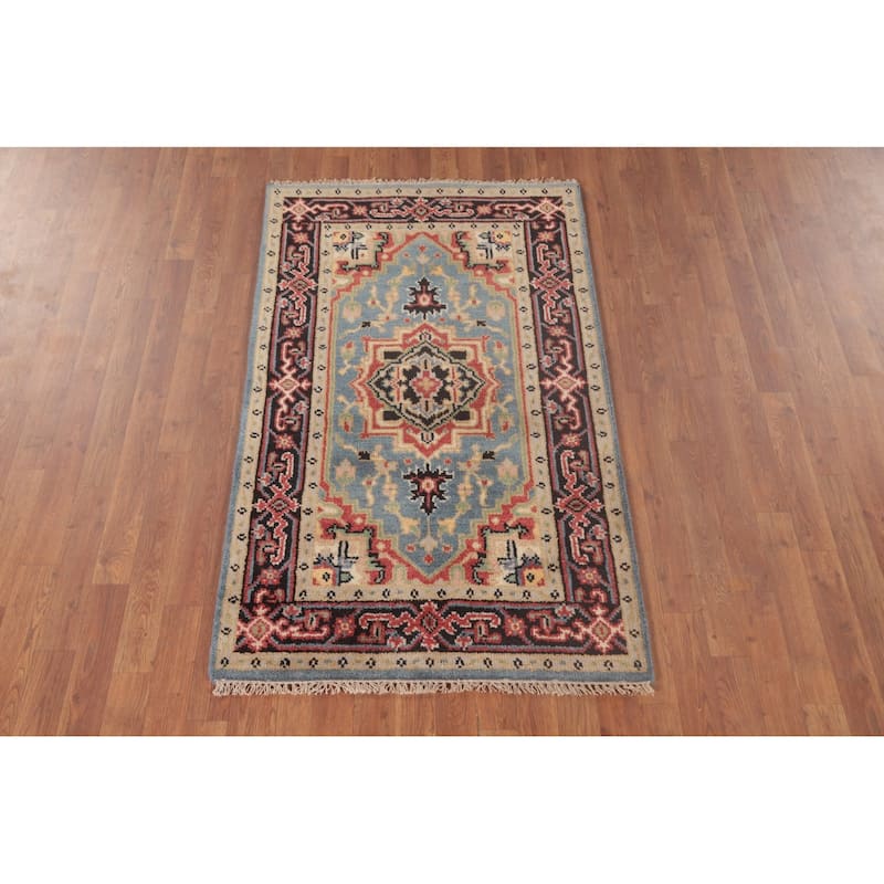 Light Blue Traditional Heriz-Serapi Foyer Rug Hand-Knotted Wool Carpet - 3'1"x 5'0"