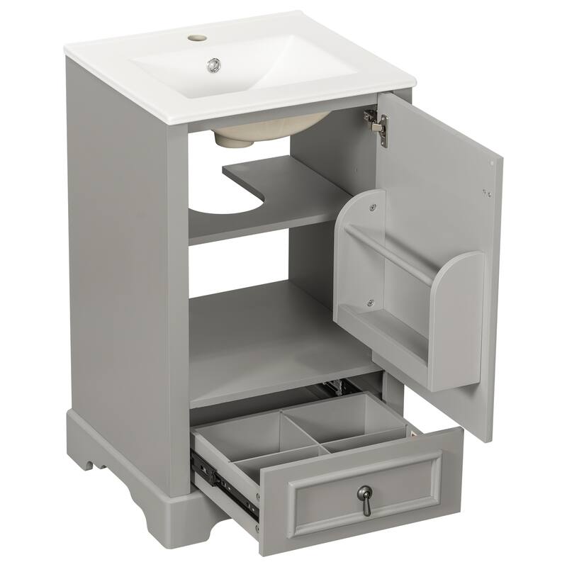 20" Bathroom Vanity with Ceramic Sink Bathroom Storage Cabinet with Adjustable U-Shaped and Drawer