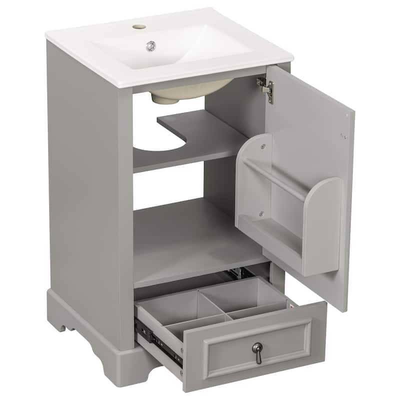 20 Inch Bathroom Vanity With Ceramic Sink, Soft Close Door, Adjustable U-Shaped Shelf, Compartment Drawer And Door Storage Rack