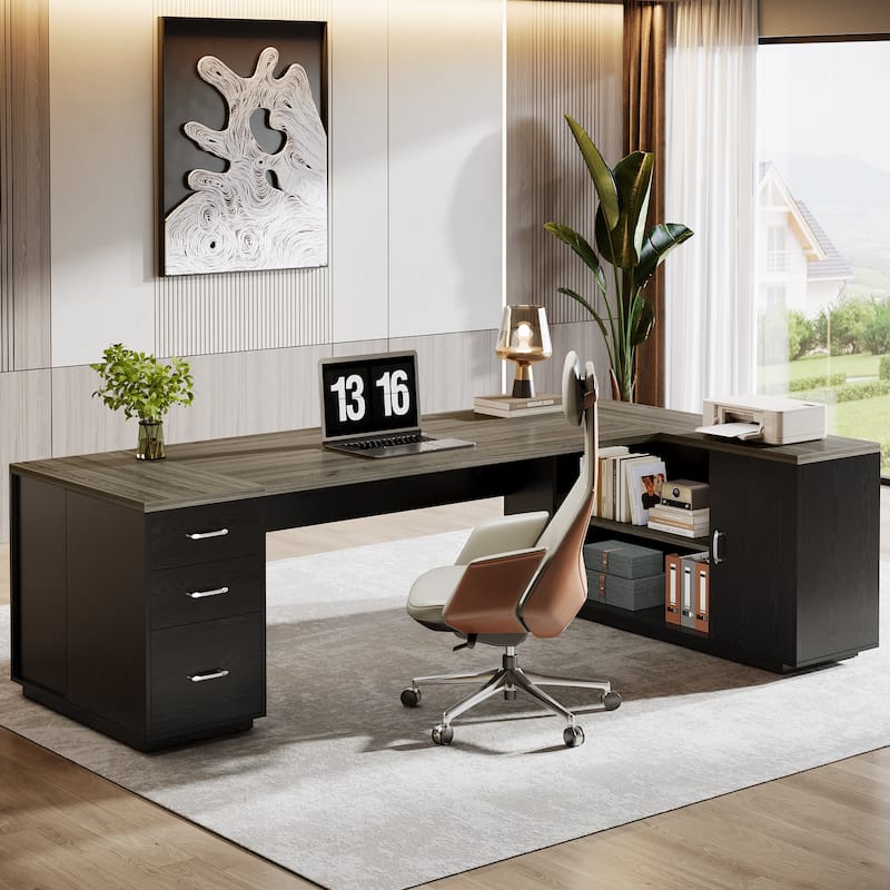 85.8" L-Shaped Executive Desk, Extra Large Office Desk with File Drawers - Black and Grey