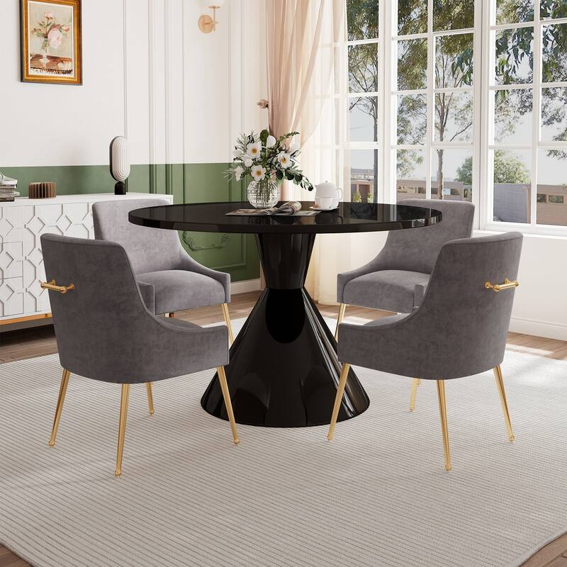 48" Light Luxury Black High Gloss Large Countertop Dining Table with Velvet Dining Chair Set