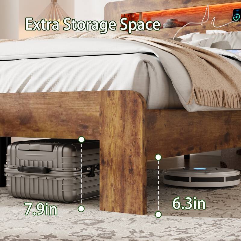 Queen Size Wood Platform Bed Frame with LED Light and 2 USB