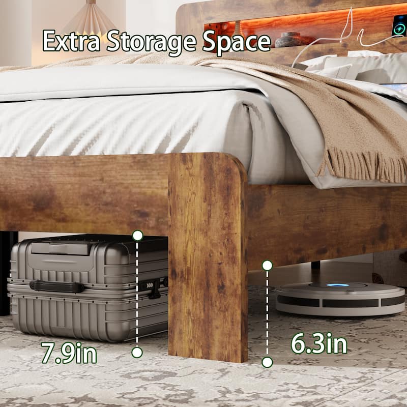Wood Bed, Low Profile Platform Bed Frame with Storage Headboard Built-in LED Light and Charging Station