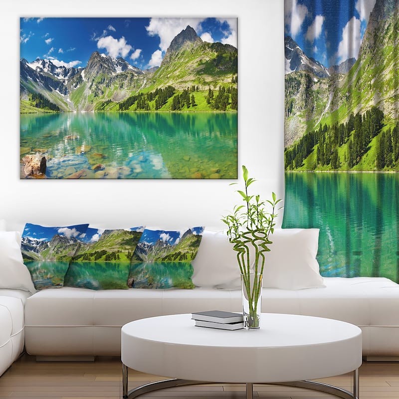 Designart - Bright Day Mountain Lake Photography Canvas Art Print - 40 in. wide x 30 in. high