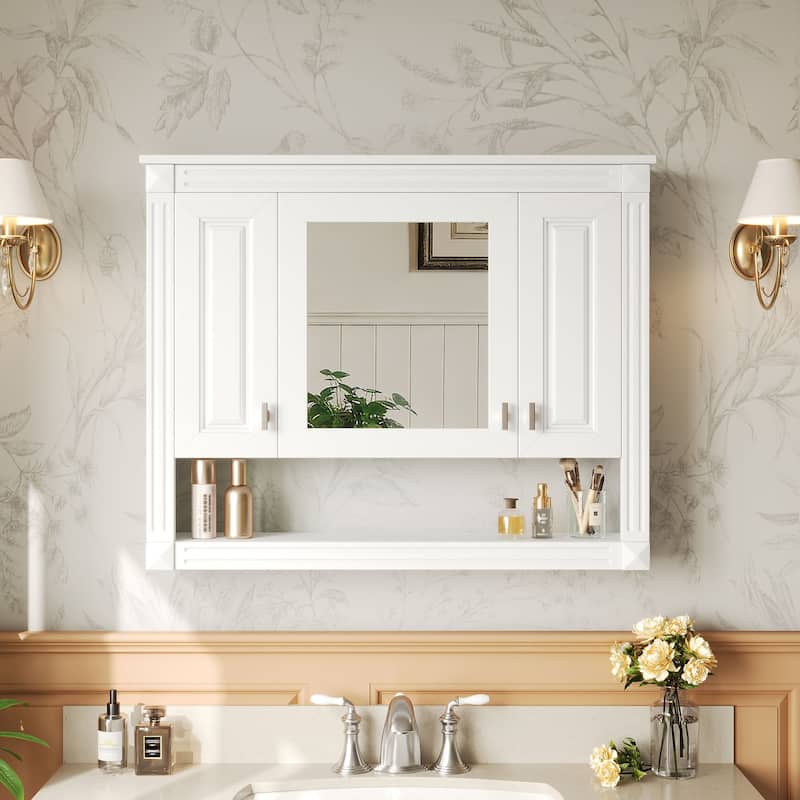35"Bathroom Wall Cabinet with Mirror, Wall Mounted Medicine Cabinet with Open Shelf, Mirrored Door Over Toilet Storage Cabinet - White