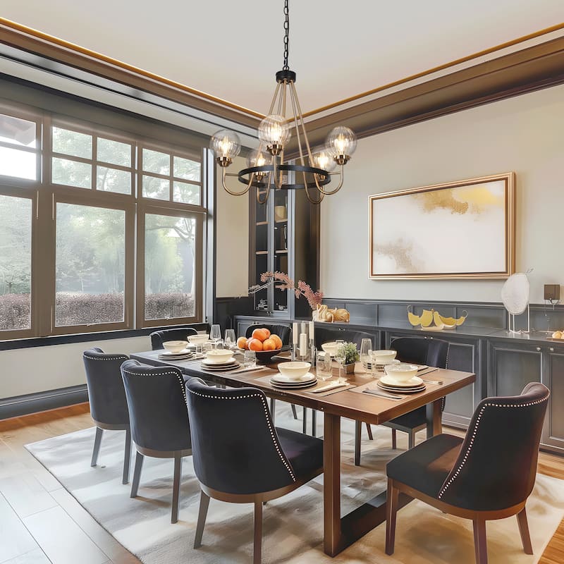 Modern 5-Light Black Gold Wagon Wheel Chandelier Glass Pendant Light for Dining Room - 22" D x 21.5" H