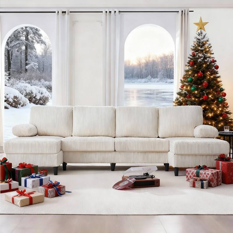 Mixoy W110"U-Shaped Sectional Sofa Couches with Double Chaises and Sleepable Armrests,Corduroy Upholstered 4-Seater Sofa - Beige - Symmetrical