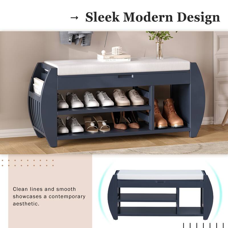 Shoe Bench 2-Tier Storage Bench with Cushion & Curved Side Holder, Wooden Panel Shoe Rack Organizer for Entryway, Living Room