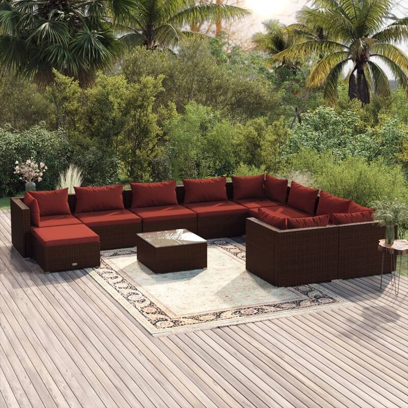 vidaXL Patio Lounge Set with Cushions Poly Rattan Brown - 27.6" x 27.6" x 24" - 27.6" x 27.6" x 24" - Brown 11 Piece