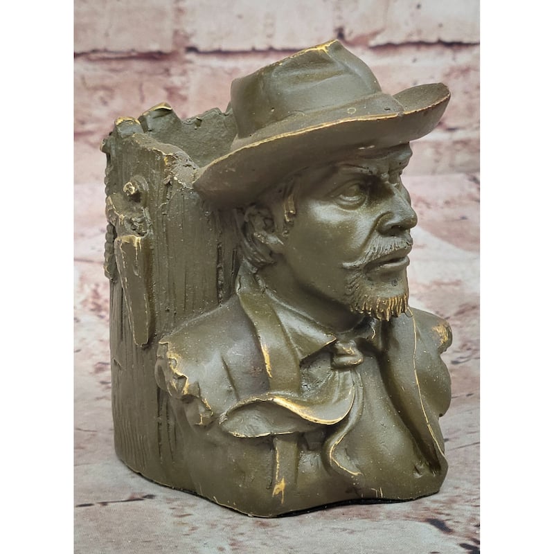 Western Cowboy Bust Bronze Pen Holder – Rustic Desk Decor
