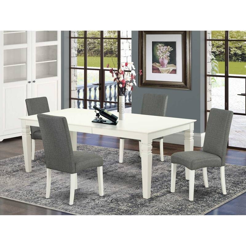 Rectangular Dining Table Set - 5pc Table & 4 Chairs - 66/84 Inch with Leaf - Linen White Legs