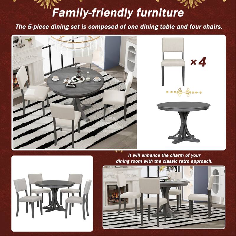 Classic Round 5-Piece Dining Table Set with Cross-Leg Design and Upholstered Seating for Kitchen or Bistro