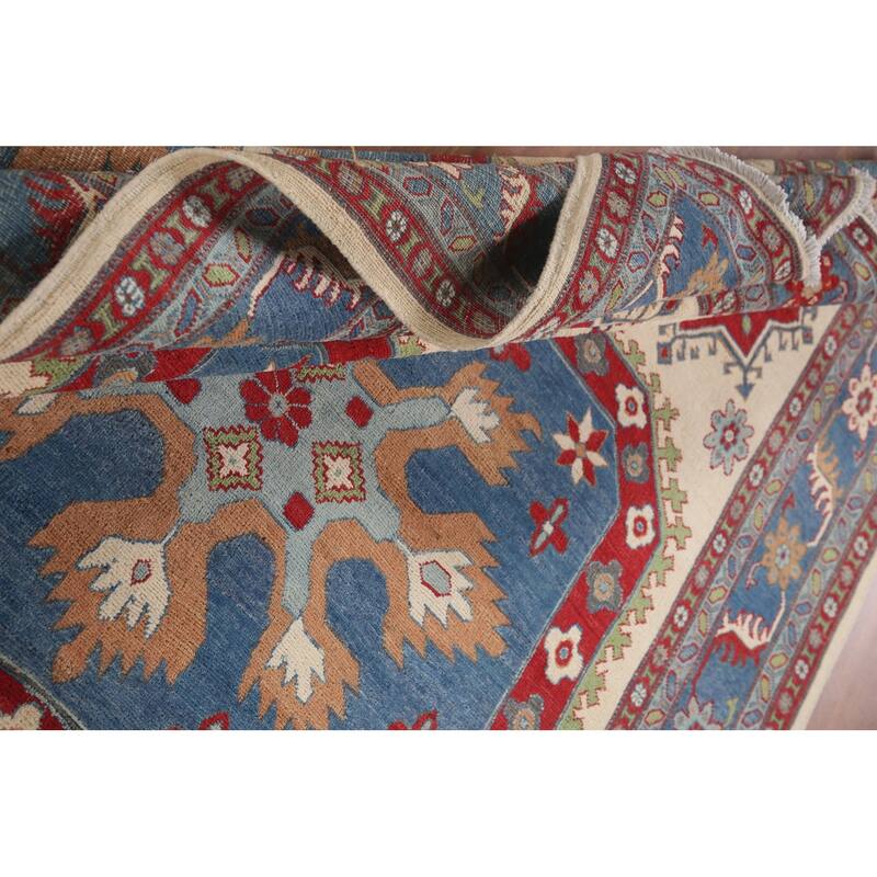 Hand Knotted Oriental 100% Wool Carpet Traditional Geometric Beige & Ivories Kazak Area Rug - 9' 11'' X 6' 8''