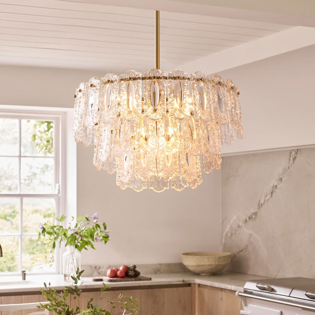 Rennnsan 6-Light Antique Brass FinishGlass Chandelier for Dining Room & Foyer - 45.1 in. W x 20 in. H