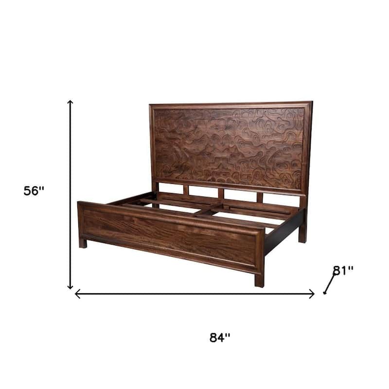 HomeRoots Brown Carved Abstract Solid Wood King Bed Frame