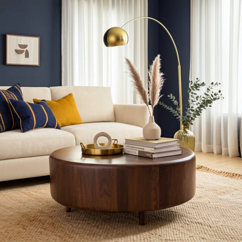 Wood Coffee Table Round Metallic Finish Modern Home Decor - 16" Blue - 36" x 36" x 15.5"