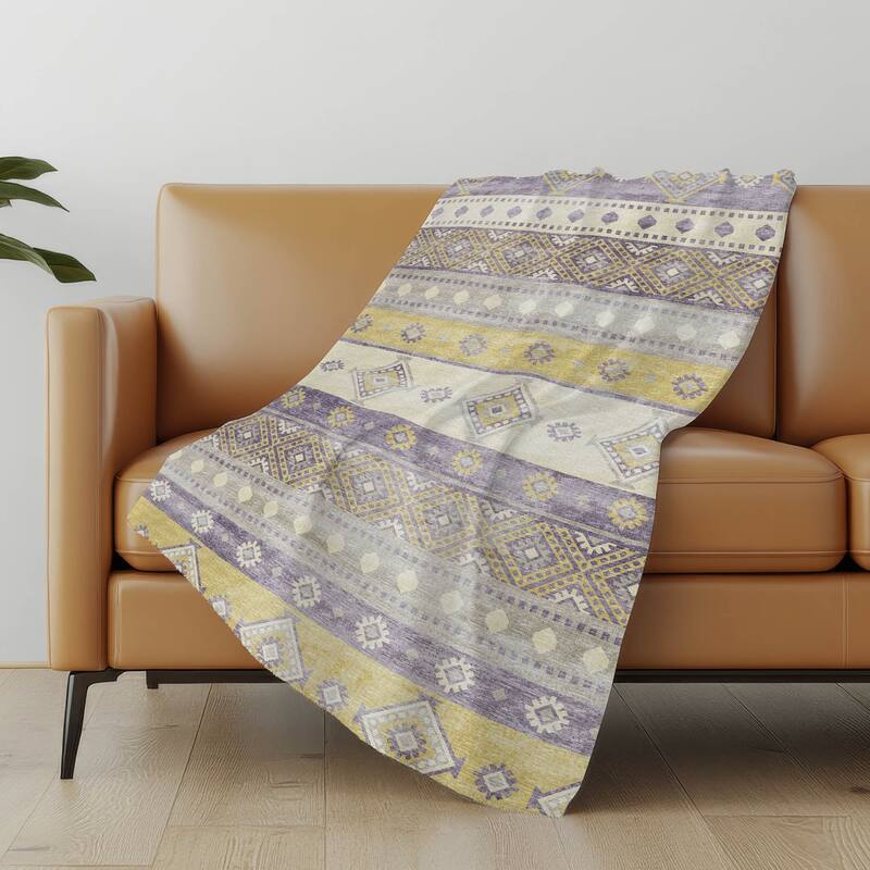 Premium Machine Washable ASB118 Boho Global Sherpa Throw Blanket - Purple - 4'2" x 5'10"