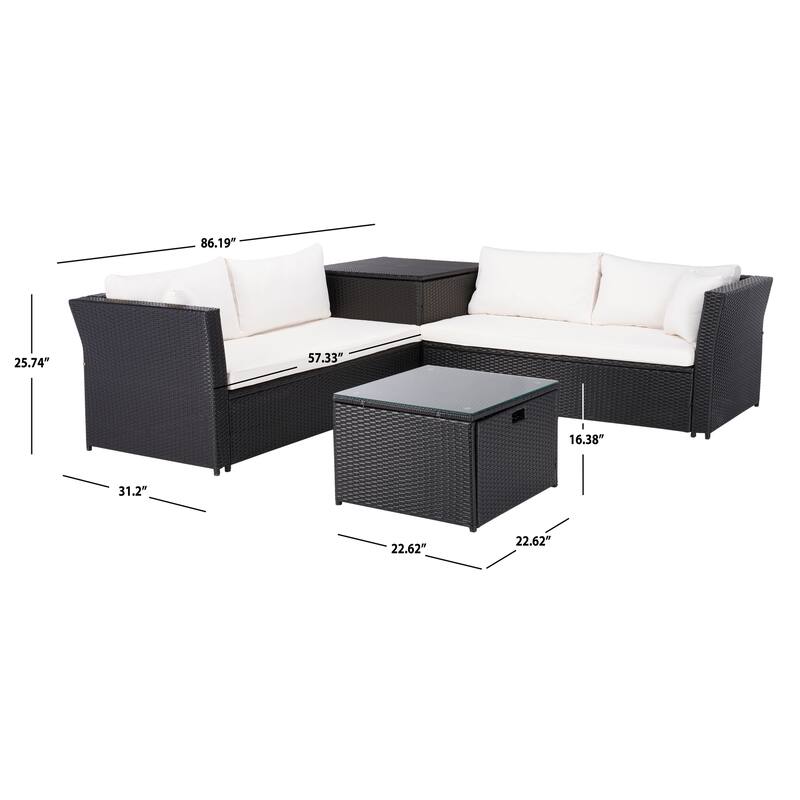 SAFAVIEH Helga Outdoor 4-Piece Conversation Patio Set with Storage - 57"W x 31"D x 26"H
