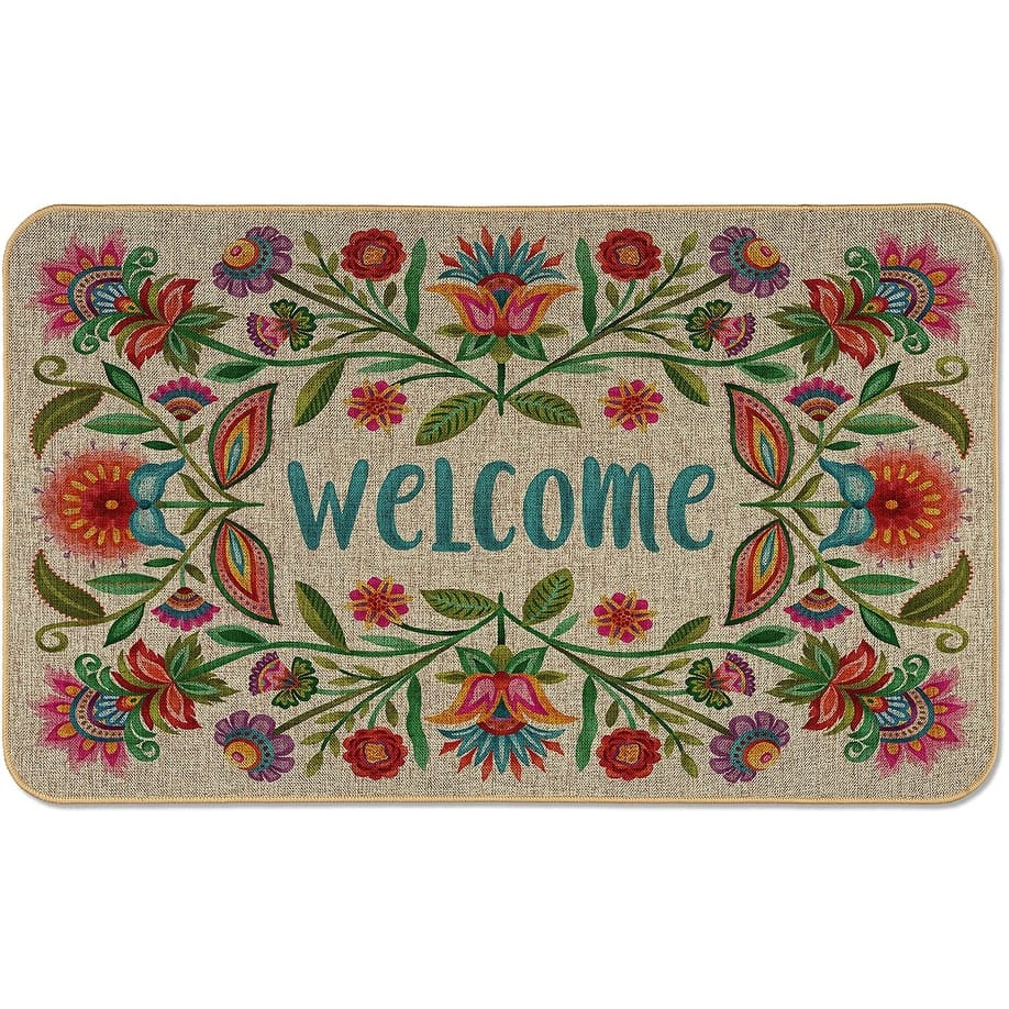 Natural Linen Look Decorative Low Profile Indoor/Outdoor Floor Mat with Recycled Rubber Back, Boho Welcome, 29.5" x 17.75".