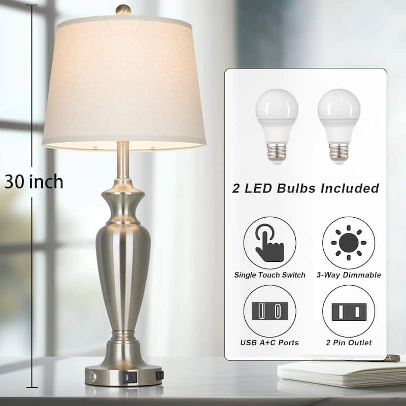 Set of 2 Modern 27.5-Inch Table Lamps with USB & Type-C Ports and 3-Level Touch Control - 13'' x 13'' x 30''