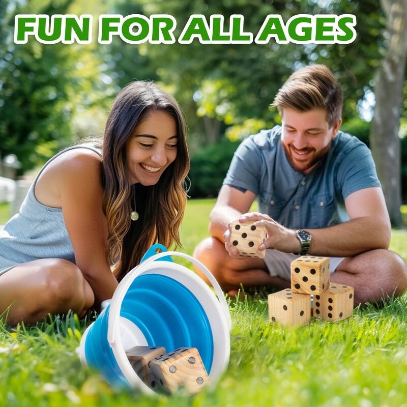 3.5 in Giant Wooden Yard Dice Set, includes 6 Dice, Collapsible Bucket, Score Cards & Dry Erase Marker - N/A