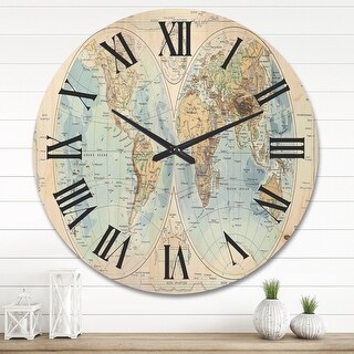 Designart 'Ancient Map of The World II' Rustic Wood Wall Clock - Bed ...