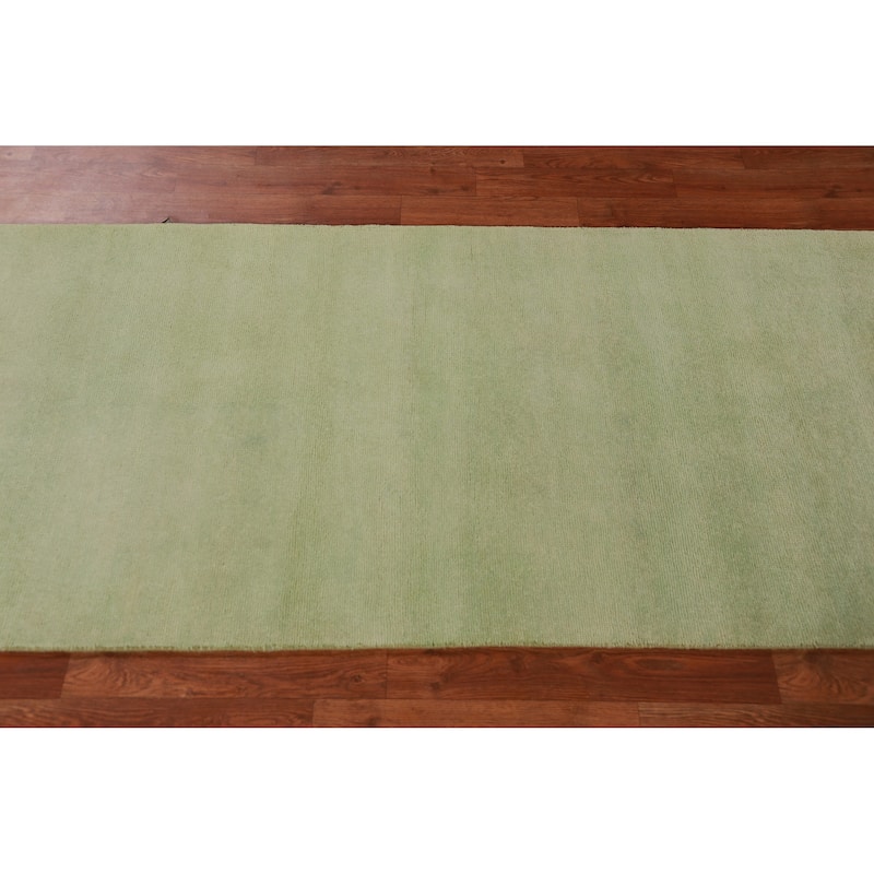 Hand Knotted Oriental 100% Wool Carpet Modern Solid Green Gabbeh Runner Rug - 8' 3'' X 2' 9''