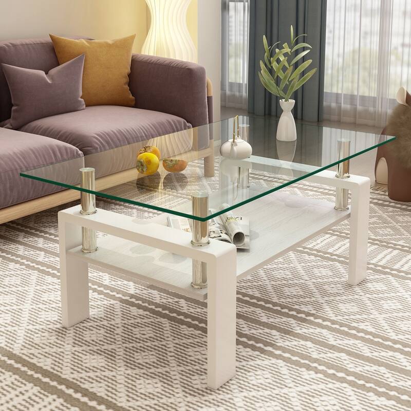 Rectangle Tempered Glass Tabletop Coffee Table - White