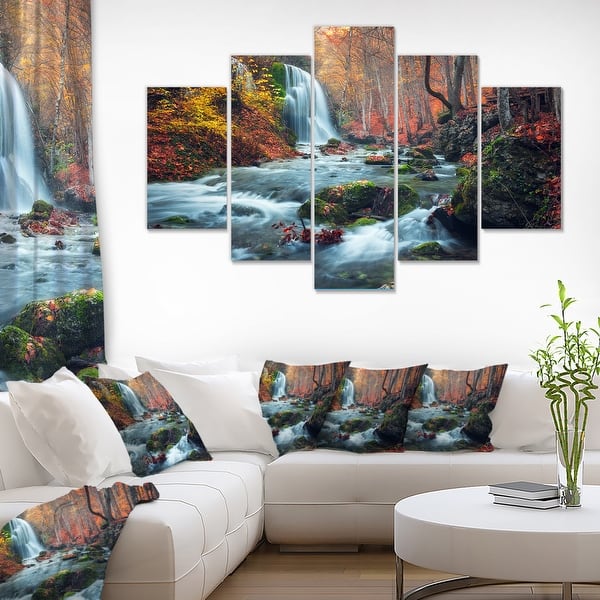 slide 2 of 25, Autumn Mountain Waterfall Long View Landscape Photo Canvas Print - Orange 60 in. wide x 32 in. high - 5 Panels Diamond Shape