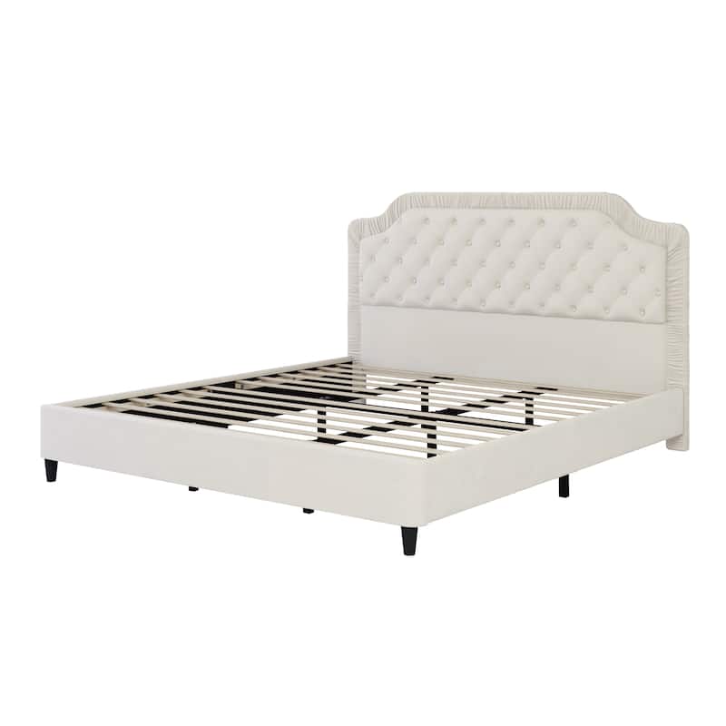 King Size Velvet Upholstered Bed with Tufted Headboard & Wood/Metal Frame (600lb Capacity)