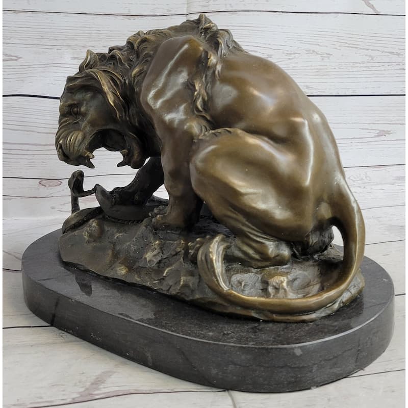 Lion Vs. Imitative Snake Bronze Sculpture Animal Sculpture A. Barye Figurine On Marble Base