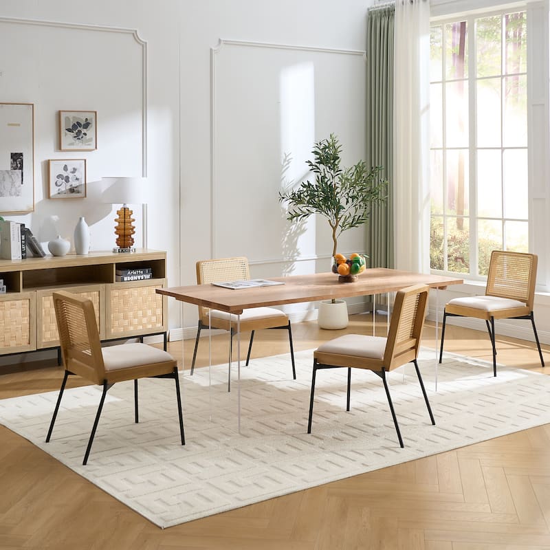 Dining Chairs Set of 2, Accent Linen Fabric Side Chairs with Rattan Backrest Metal Legs Kitchen Chairs for Dining Room