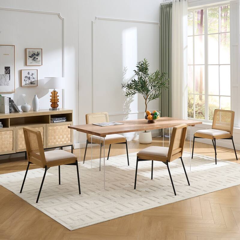 Mid-Century Linen Fabric Dining Chairs Set of 2 w/ Accent Rattan Backrest for Dining Room Living Room