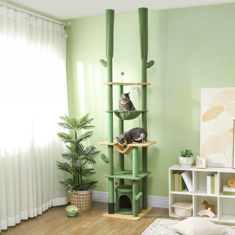 PawHut 89"-100" Floor to Ceiling Cat Tree w/ Grooming Brush Post, Green - Green
