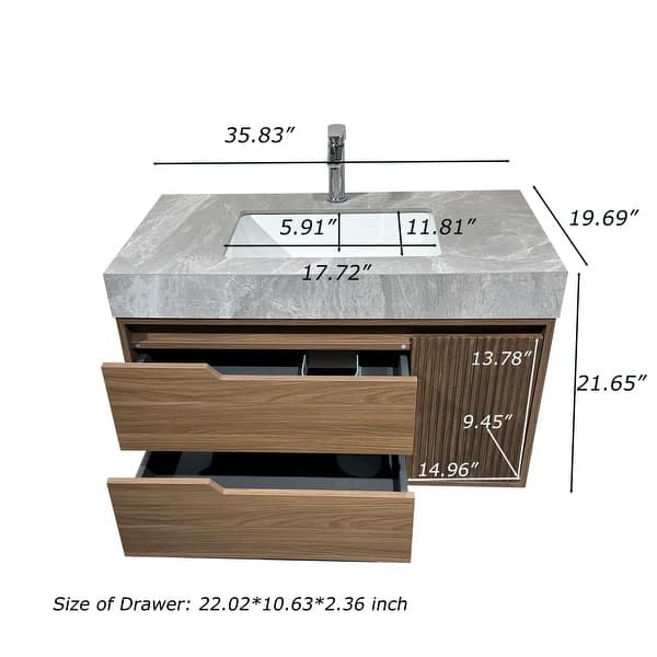 36"Mid Century Modern Wall-Mounted Bathroom Vanities,Single Sink,Brown Wood Texture with Sintered Stone Table top